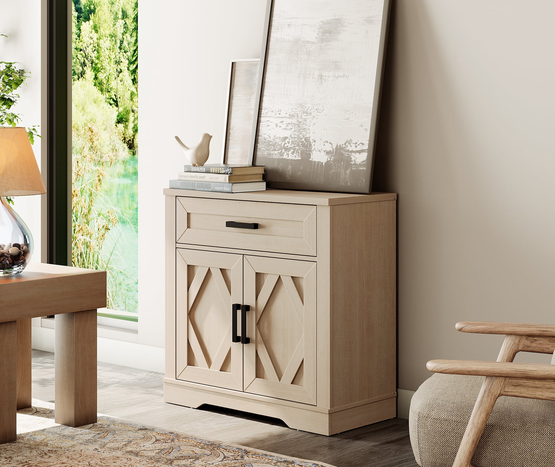 WAMPAT 31.5"W Farmhouse Buffet Sideboard with Barn Doors, Drawer & Storage, Beige