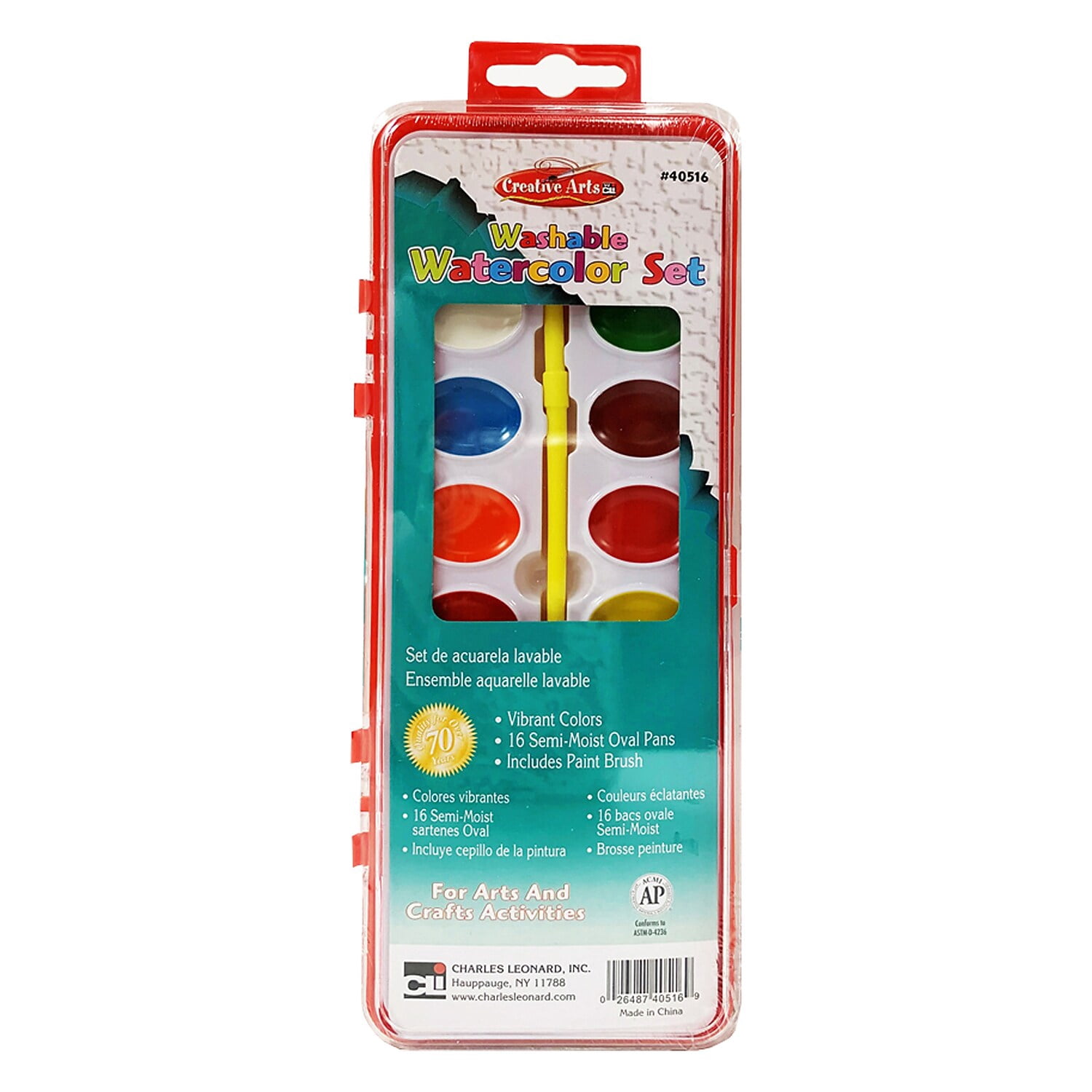 Charles Leonard Washable Water Color Set, Oval Pan w/Brush, 16 Assorted Colors, 12 Sets