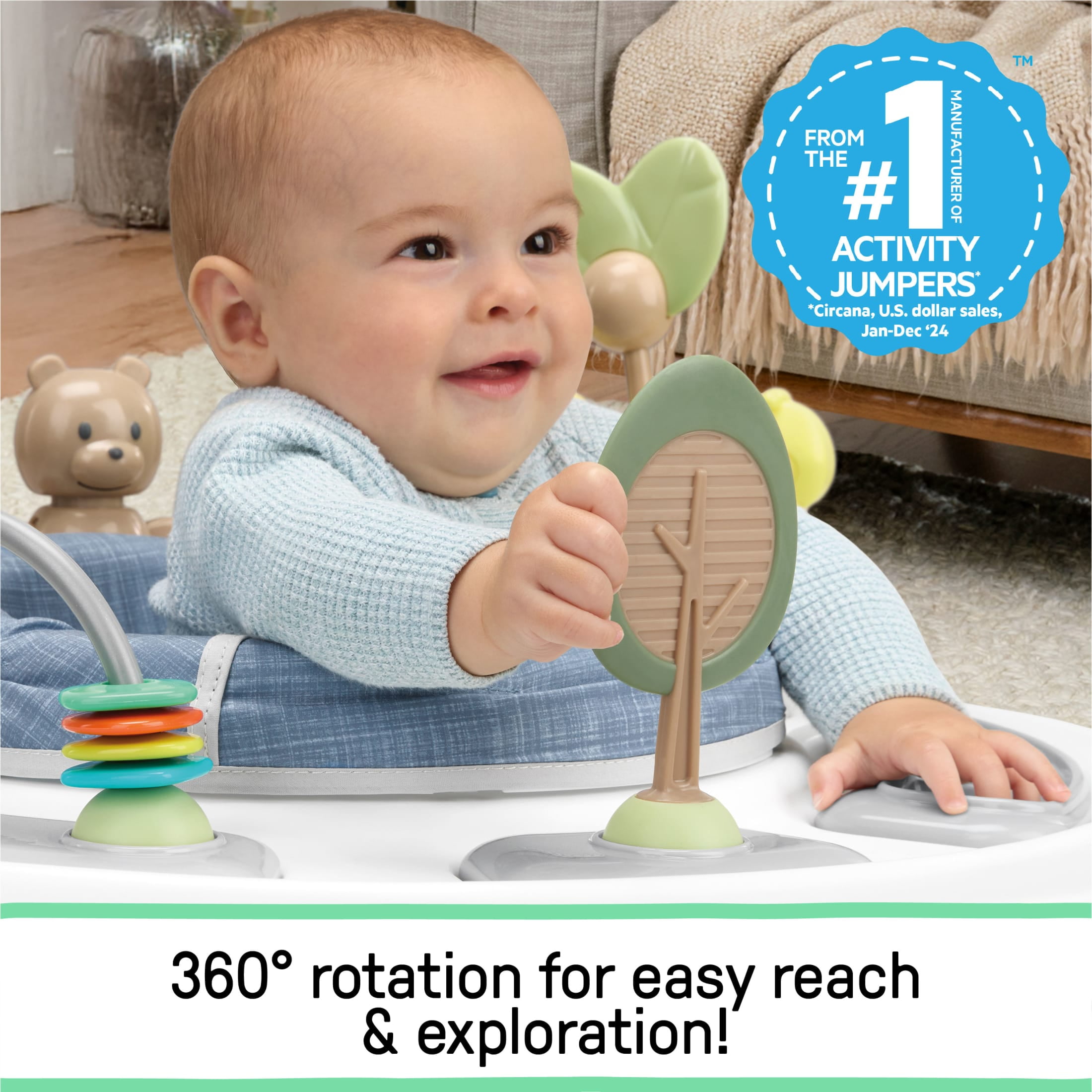 Ingenuity Bounce to Bloom 2-in-1 Activity Jumper & Table, Chambray, Ages 6–24 Months