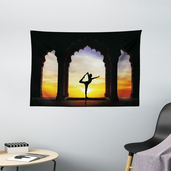 Yoga Tapestry, Man Silhouette Doing Yoga in Old Ancient Temple at Orange Sunset Mental Meditative, Wall Hanging for Bedroom Living Room Dorm Decor, 60W X 40L Inches, Multicolor, by Ambesonne