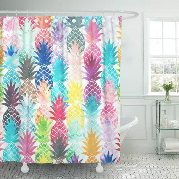 Atabie Pink Pineapples Hawaiian Pineapple Pattern Tropical Watercolor Teal Bright Shower Curtain 66x72 Inch Com Atabie Pink Pineapples Hawaiian, Bright Patterned Shower Curtains