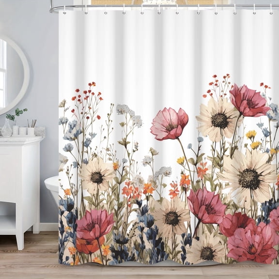 SUNOLIFE Spring Floral Fabric Shower Curtain Pink Daisy Flowers Waterproof Polyster Bathroom Curtain,72"W x 72"L