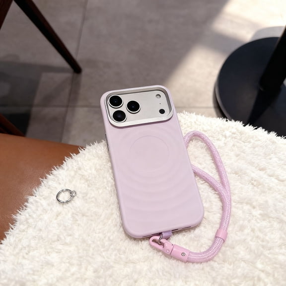 For iPhone 17 Phone Case,With Detachable Wrist Strap,Luxury Diamond Lens Camera Ring Design,Ripple Pattern Back,Ultra Slim Shockproof Anti-fall Drop Protection,Thin Phone Case,Lightpurple