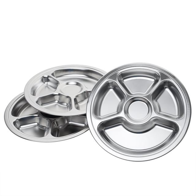 Aspire 3 Pack Assiette Ronde en Acier Inoxydable Assiettes Divisées Plateau de Service de Camping-5 Sections