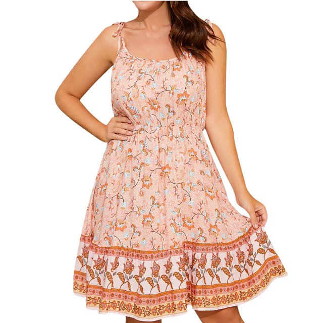 Hyknon Robes pour Femmes Mode Été Floral Doux Manches Courtes Taille Robe de Vacances Décontractée Douce Fluide Ample