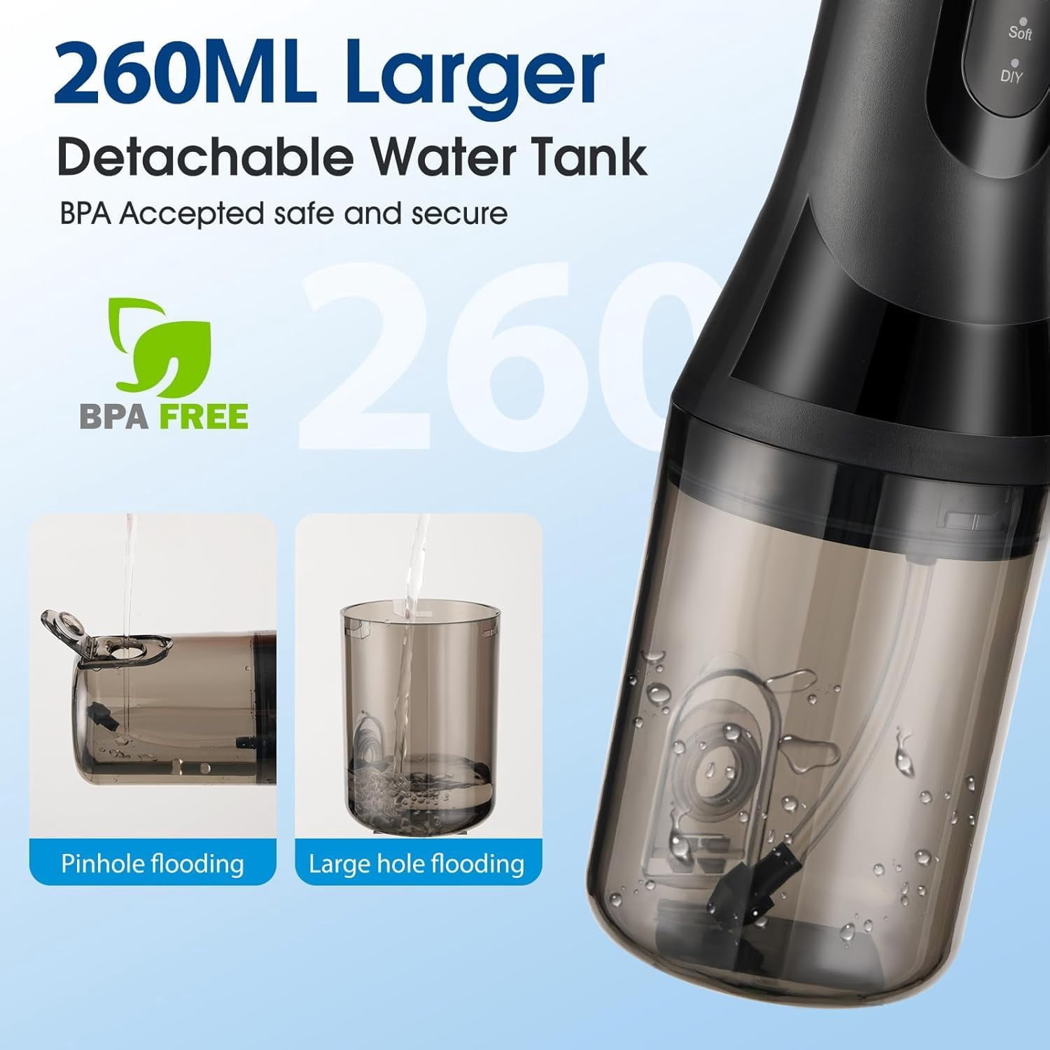 Water Flosser for Teeth Cordless: 260ML Portable Oral Irrigator with DIY Strength for Daily Oral and Braces Care, 4 Modes & 5 Jet Tips, 40-Day Battery, IPX7 Waterproof Dental Flosser for Home