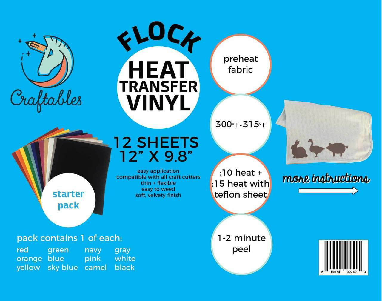Craftables Green Flocked HTV Craft Vinyl 12 x 9.8 - 5 Flock Heat Transfer Vinyl for Cricut and Silhouette Cameo Sheets 