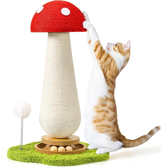 YESGIRL 20" Mushroom Cat Scratching Post with Ball Track & Spring Toys, 2-in-1 Sisal Scratcher & Play Station for Indoor Cats, Stable Base