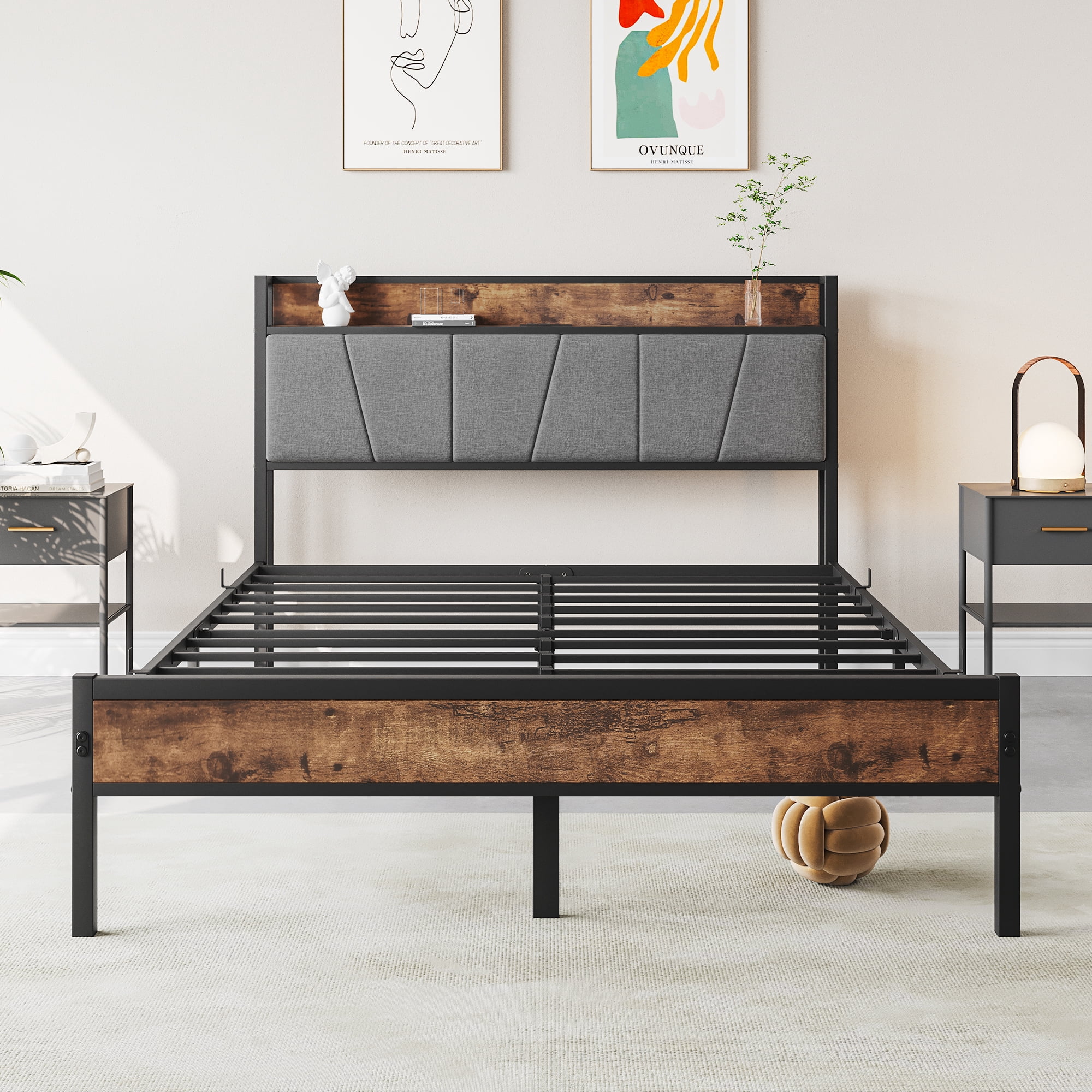 Newest Full Bed Frame with Charging Headboard - Vintage Brown, 2 Outlets & 2 USB, Storage Shelf, No Box Spring Needed, Easy Assembly