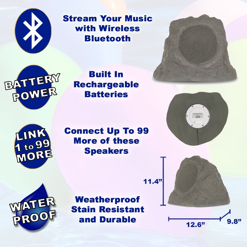 Theater Solutions B63GR Fully Wireless 200 Watt Rechargeable Battery Bluetooth 6.5" Rock Speaker Pair Slate Grey Link Up To 99 Speakers Wirelessly
