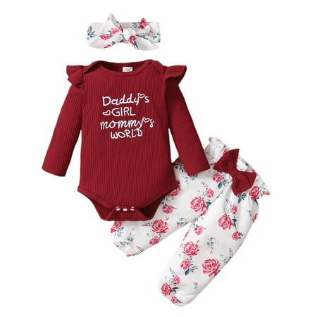 

3 Months Baby Girls Clothes 6 Months Girls 3PCS Fall Winter Clothing Set Letter Print Newborn Girls Long Sleeve Top Pants Headband Set Red