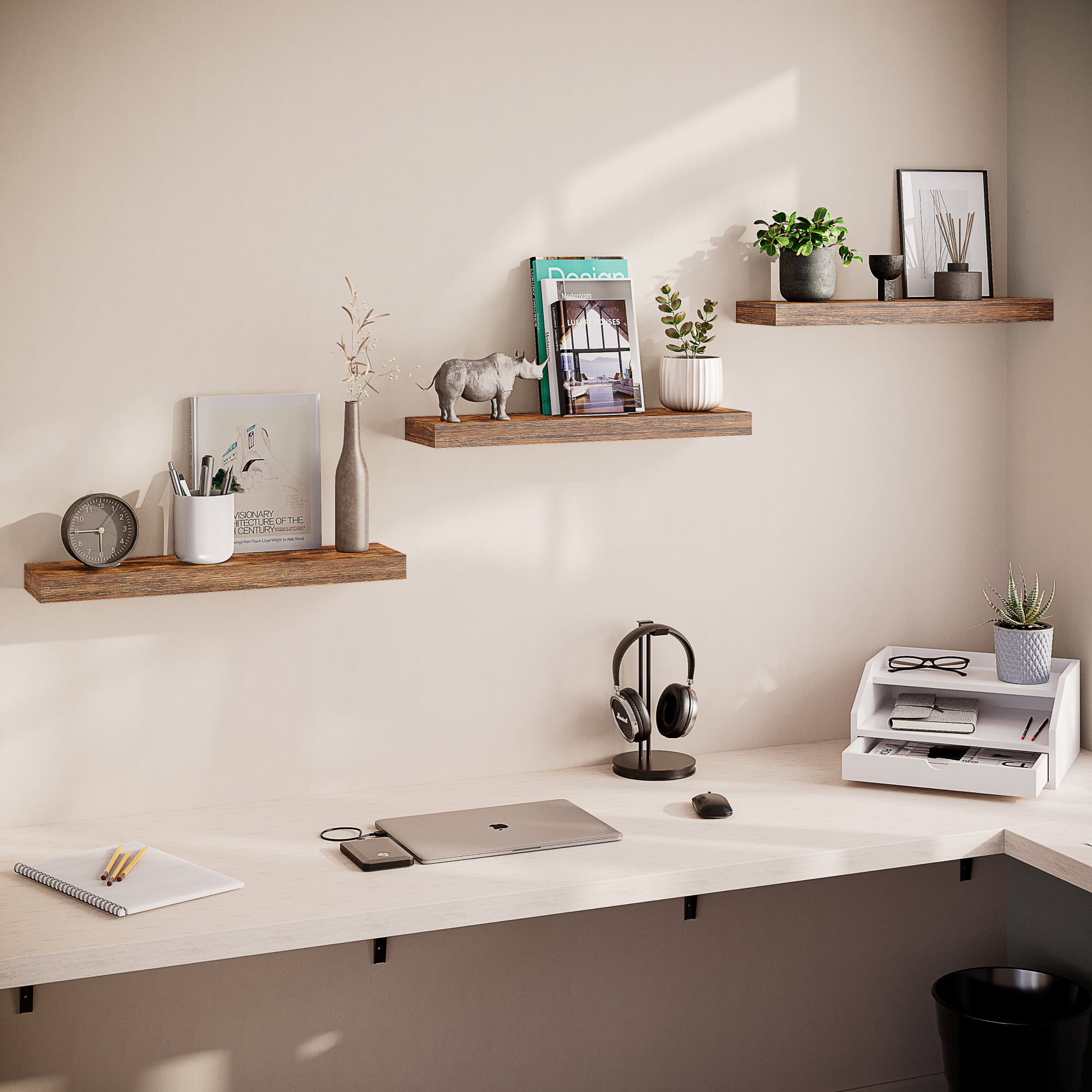 Ballucci 24" Floating Shelves for Wall, 3-Pack with Invisible Brackets, 6" Deep, Rustic Brown