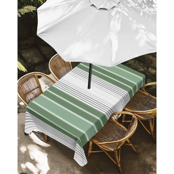 Outdoor Tablecloth with Umbrella Hole, Green White Striped Zippered Table Cloth for Rectangle Tables, Classic Geometric Line Washable Waterproof Tablecloths for Picnic Patio Garden