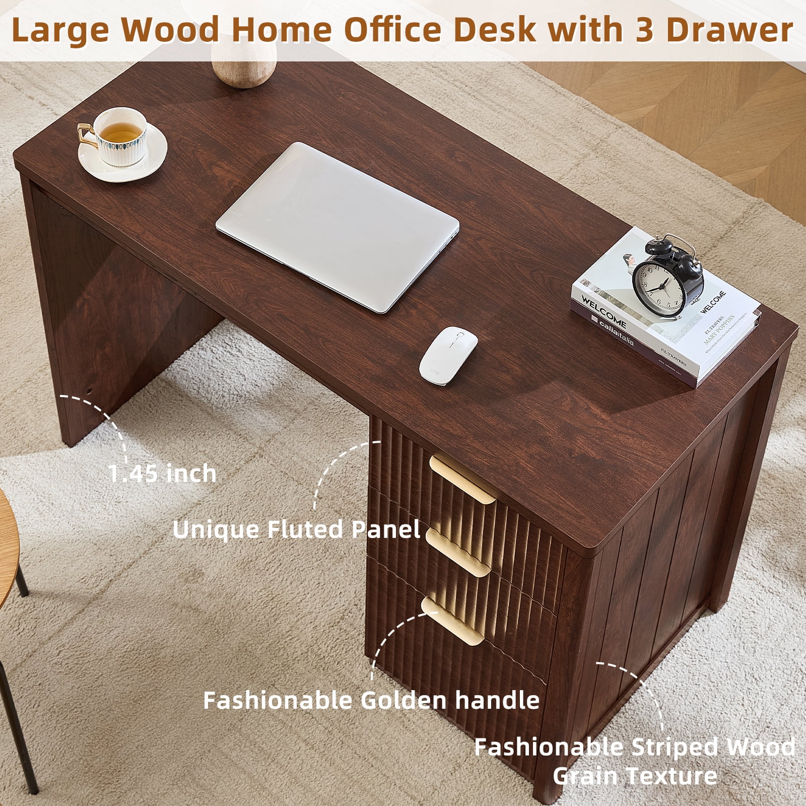 Fluted Executive Desk, 48" Modern Wood Home Office Desk with File Drawer & Metal Handles, Computer Writing Desk, Walnut