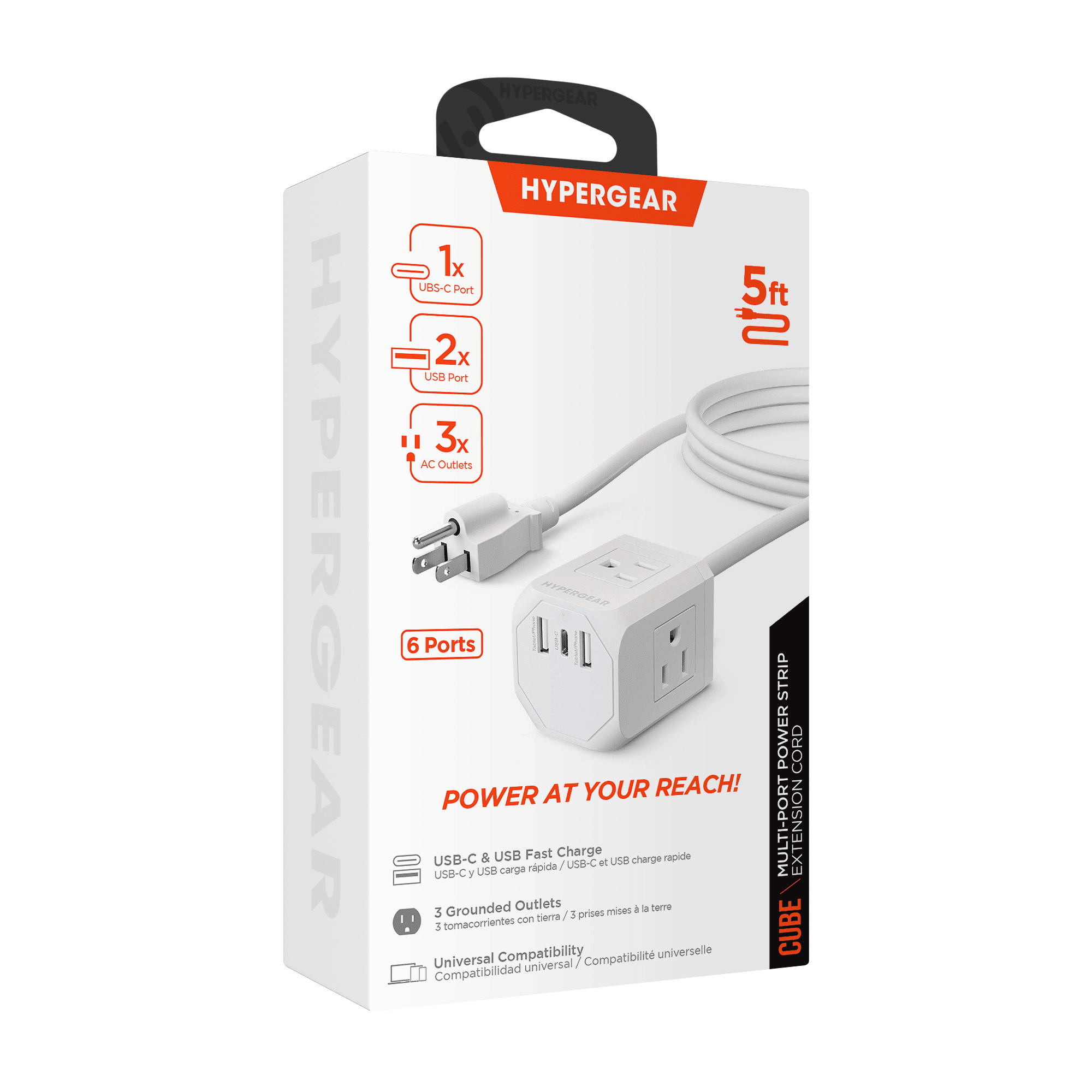 HyperGear CUBE 6-Outlet Multi-Port Power Strip Extension Cord with 5-Ft. Cord, White, 15706