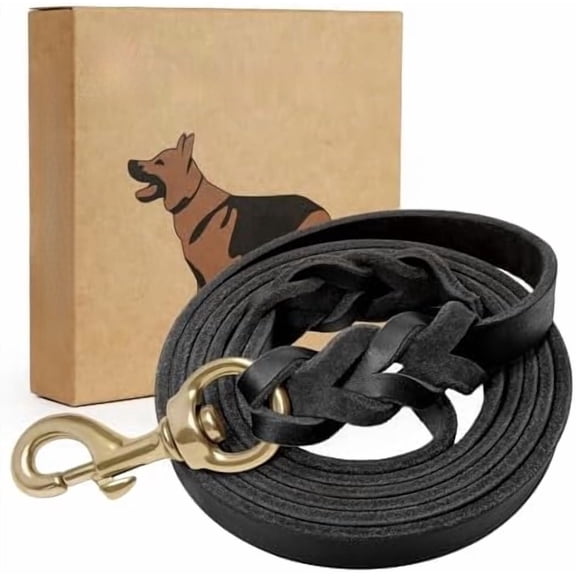 6FT Genuine Leather Dog Leash Heavy Duty Braided Training Lead with Brass Clip for Large, Medium & Small Dogs, Black, 5/8" Wide