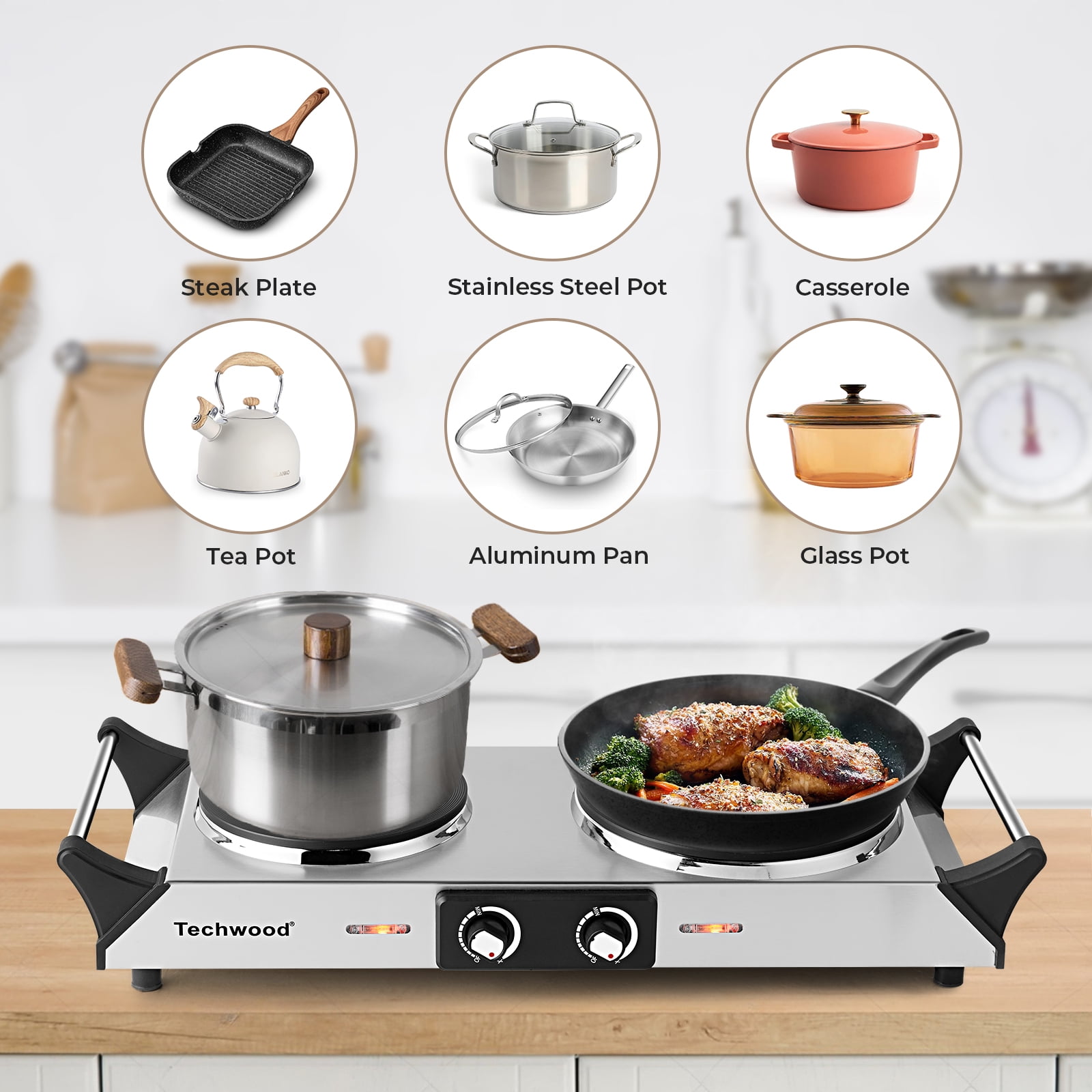 Techwood Electric Stove, Double Infrared Ceramic Hot Plate for Cooking, Two  Control Cooktop Burner, Portable Anti-scald handles Suitable for