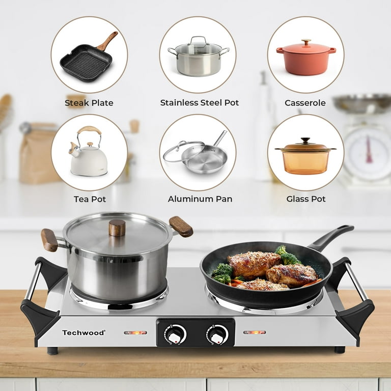 Hot Plate, Techwood 1800W Portable Electric Stove for Cooking Countertop  Dual Burner with Adjustable Temperature & Stay Cool Handles, 7.5” Cooktop  for