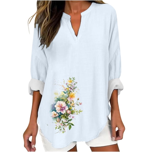 AnuYalue Women's Cotton Linen 3/4 Sleeve T-Shirts Alzheimer's Awareness Day V Neck Tunic Tops Cute Purple Floral Graphic Blouse Three Quarter Length Shirts Trendy T-Shirt V Neck Lightweight Tees