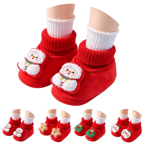 Goodw7 Christmas Baby Booties Soft Fleece Warm Infant Sock Shoes with Elastic Ribbed Ankle Cuff and Cute 3D Christmas Appliques for Holiday Photo Shooting and Indoor Crawling