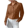 thumbnail image 2 of Xdegoge Button Down Shirt for Women Lapel Collar Long Sleeve Casual Dressy Pearl Beaded Embellishment Loose Fit Soft Breathable Lightweight Spring Fashion Work Office Blouse Tops, 2 of 6