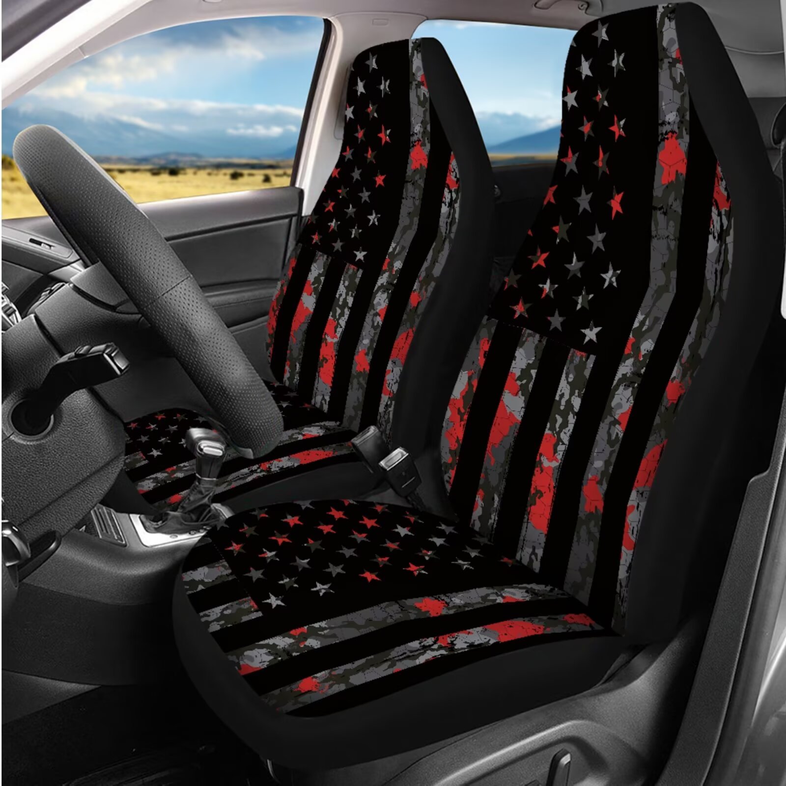 Uorisanigo American Flag 14 Pieces Car Accessories Set with Car Seat Covers and Steering Wheel Cover Water Cup Pad Car Console Cover Seat Belt Pads Keychain Soft Elastic Fabrics Fit Car SUV