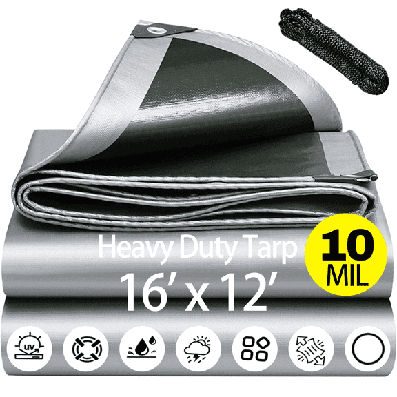 XKDOUS Tarps and Covers Waterproof 16 x 12FT, 10 Mil Heavy Duty Tarp Cover, Camping Tent Tarp Plastic Tarp, UV Resistant Tear and Fade Resistant, Reinforced Edges