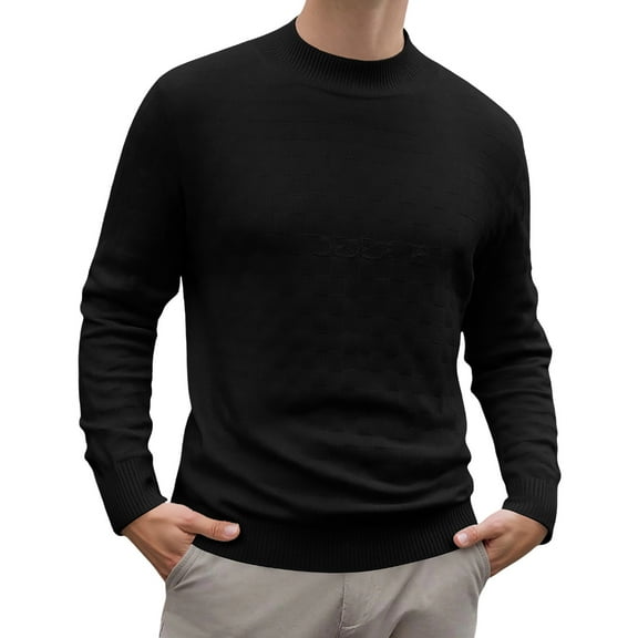 Mens Knit Polo Sweater Cotton Turtleneck Patchwork Pullovers Thermal Dailywear Winter Clothes with Buttons, Black, Size XL