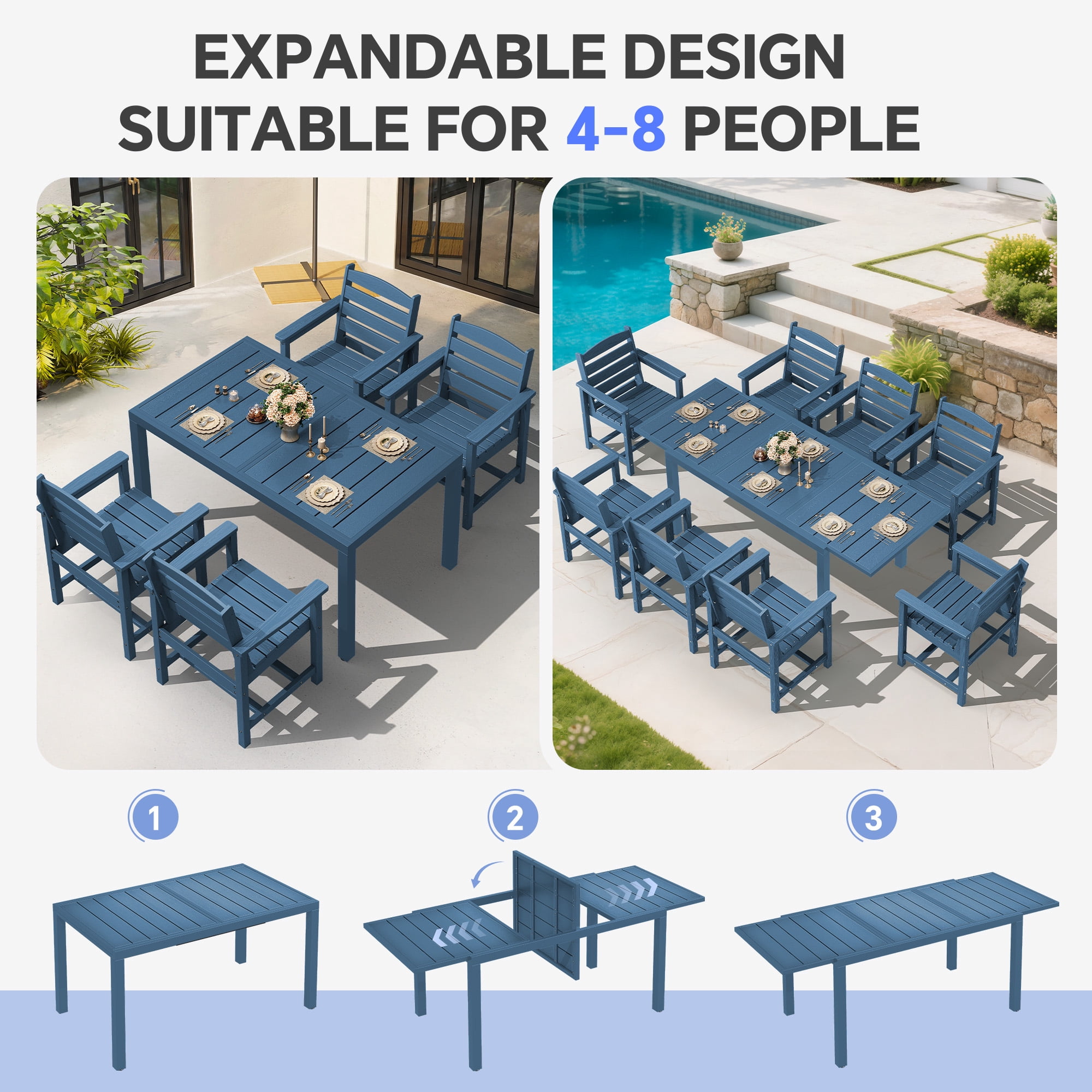 SERWALL 7-Piece Outdoor Dining Set with Expandable Patio Dining Table and 6 Chairs, 60–83 Inch All-Weather HDPE Patio Furniture Sets for Backyard, Garden, Deck, Poolside - Blue
