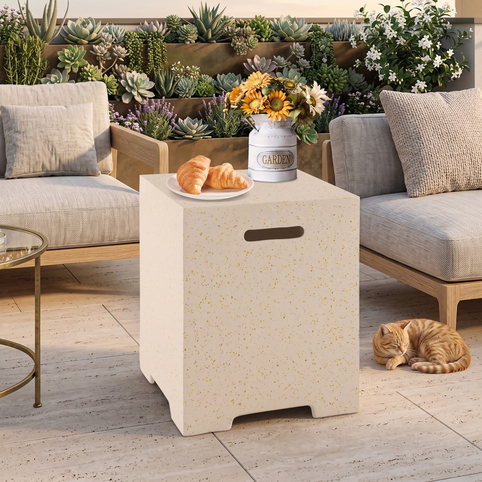 Biotree 2-in-1 Propane Gas Tank Cover Side Table with Protective Polyester Cover, Terrazzo Outdoor Patio End Table for 20 lb Tank, Indoor Accent Table, White