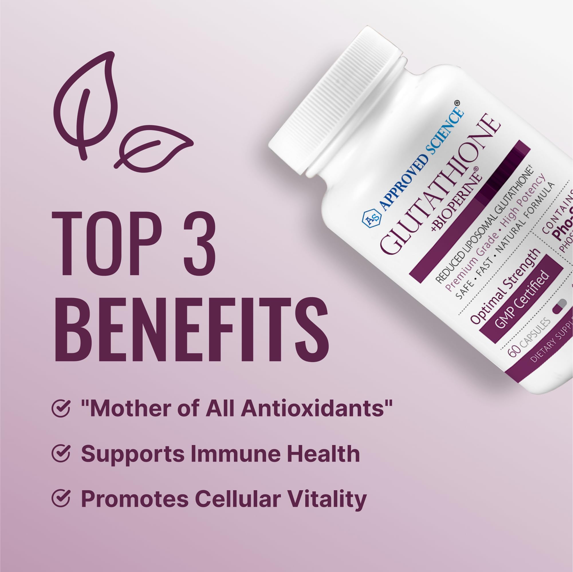 Approved Science Glutathione - Glutathione 500 mg - Phospholipid Complex, Vitamin C, Bioperine - Top Antioxidant to Help Neutralize Free Radical - Vegan Friendly - 60 Capsules - 1 Bottle