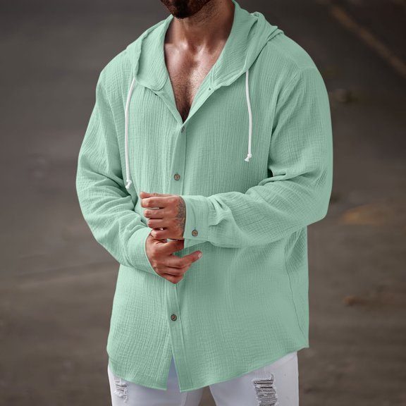 BRGZLK Mens Long Sleeve Shirts 2026 Fall Stylish Solid Color Drawstring Hooded Sweatshirt Lightweight Comfortable Casual Button-Down Shirts for Daily Green M