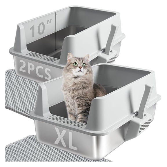 2PCS XL Stainless Steel Cat Litter Box with Lid,Metal Litter Box High Sides for Big/Multiple Cats,Open Design,Indoor,1-Mat and 1-,Easy to Clean, No Odor,Anti-Urine Leakage