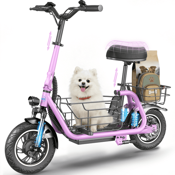 MIHOVER 550W Pet Friendly Electric Scooter with Seat for Small Dogs, 12" Electric Scooters for Adults, Dual Shock Absorbers 25 Miles Range, UL2272 Certified-Pink