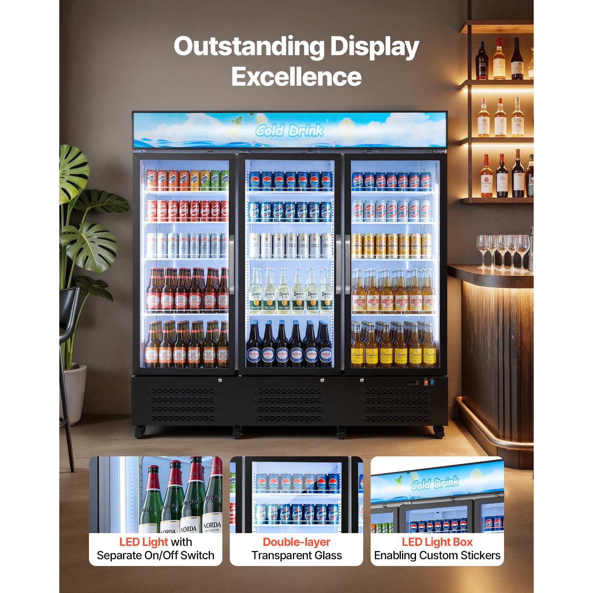 KFFKFF Commercial Merchandiser Refrigerator, 54.3 Cu.Ft / 1538L Beverage Cooler with Glass Doors, Customizable Lightbox, 12 Adjustable Shelves, LED Lighting & Casters