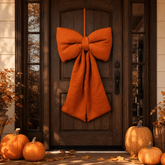Large Orange Fall Bow Wreath, Oversized Long Mantel Garland Bow for Front Door, Large Decorative Bow Ornament Harvest Festival Decor for Thanksgiving Halloween Autumn