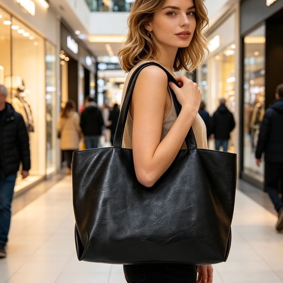 HCBY Women's Soft Faux Leather Tote Shoulder Bag, Large Capacity Student Commute Tote, 2-Way Carry Casual Everyday Handbag, Water-Resistant Faux Leather Purse