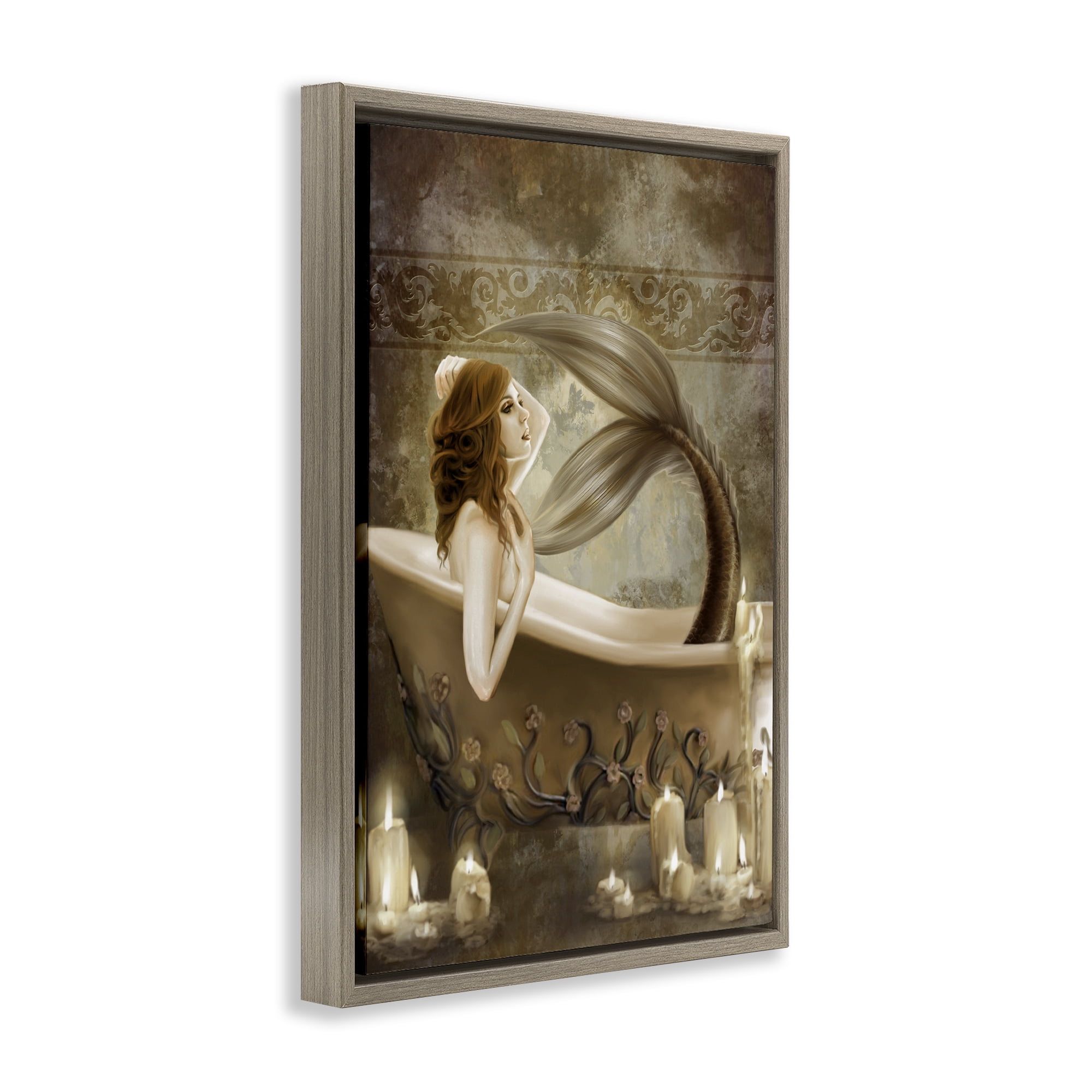 Stupell Industries Sepia Bath Time Mermaid Brown Framed Floater Canvas Wall Art, design by Selina Fenech