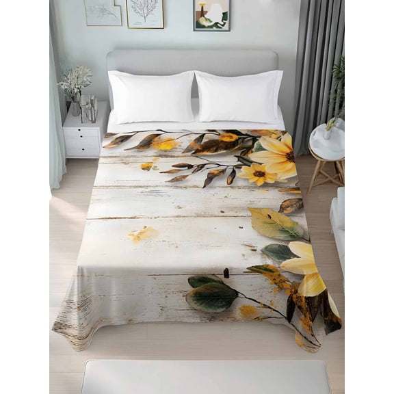 Yellow Floral Spring Twim Size Flat Sheet, Wrinkleproof & Fadeproof Cooling Flat Bed Sheet Only, Vintage Summer Botanical Breathable Soft Bedding Top Sheets 66 x 96 Inches