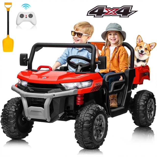 Joyracer 4WD 24 Volts Ride on Toys with Remote Control, 4X200W Power Car Wheels UTV, 2 Seater Powered Ride on Dump Truck, Electric Car for Kids, Bluetooth/Music/Spring Suspension, Red