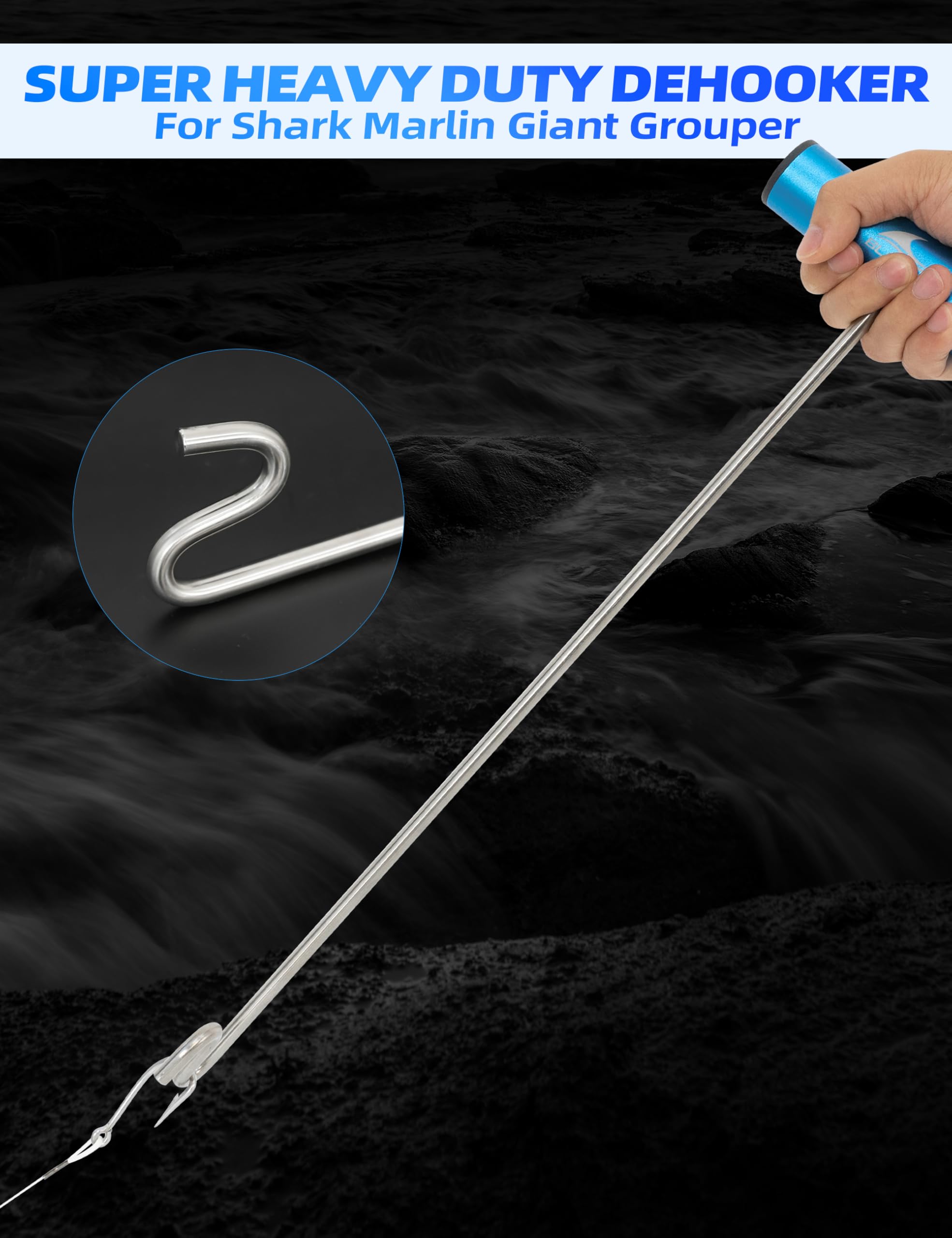 BLUEWING 12in Super Heavy Duty Dehooker Push and Pull Fishing Hook Remover Tools Stainless Steel/Aluminum Alloy Fish Dehooking Tool for Shark Marlin Giant Grouper, Blue