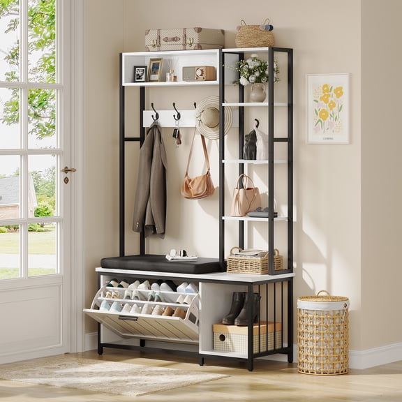 Hall Tree Coat Rack, Hall Tree With Bench and Shoe Storage, Mud Room Storage Furniture, 39.37 X 15.74 X 69.69 Inches, Rustic White