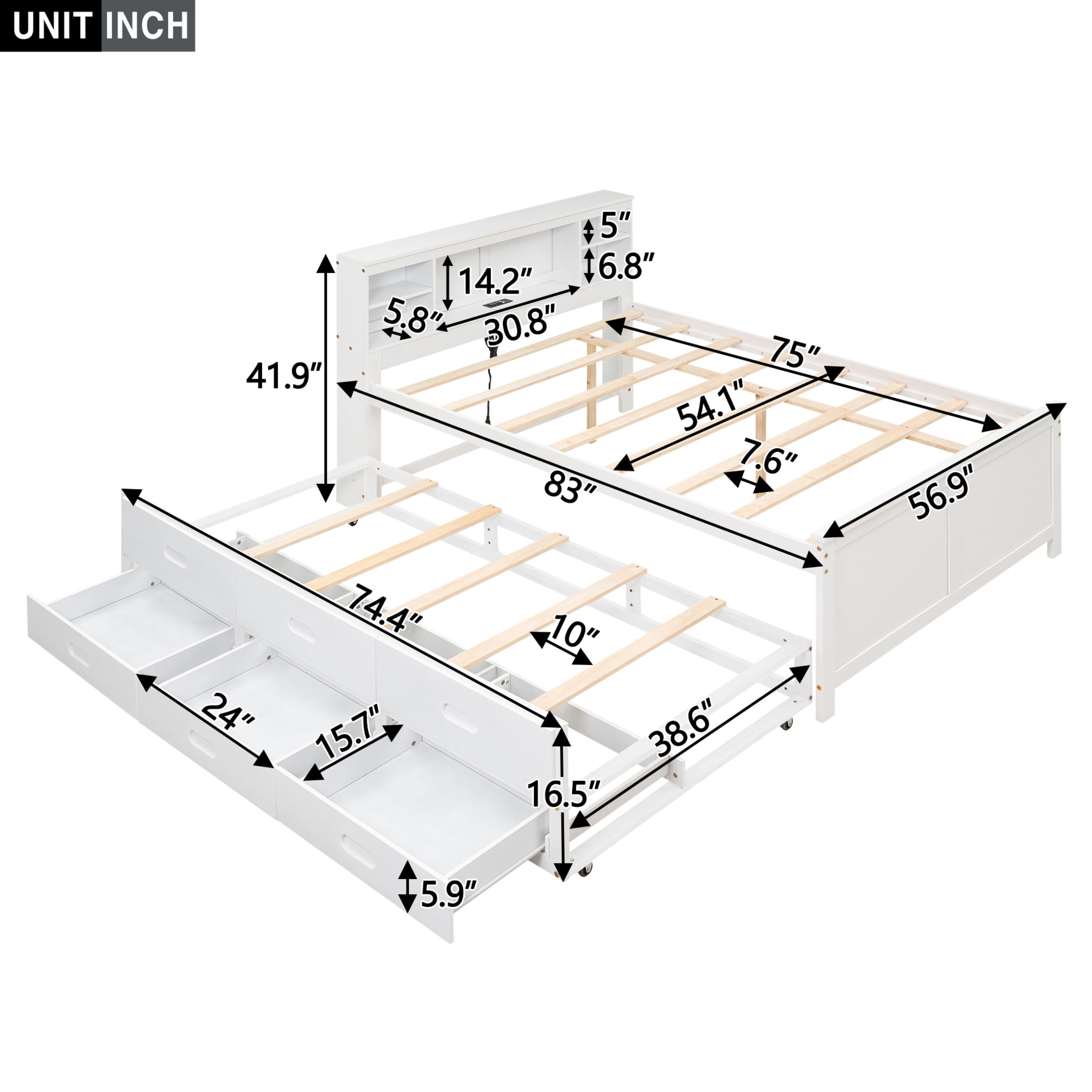 Noble House Nerissa Full Platform Bed with Bookcase Headboard, USB Ports, Extra Trundle and Storage Drawers, White