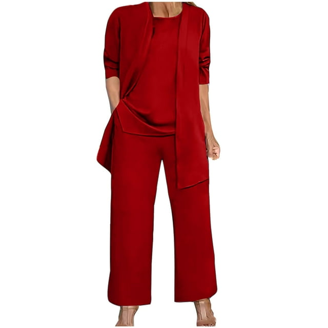 Mrat Ensemble de Chandails à Capuchon pour Femmes Tenue de Mère de la Mariée Tailleurs Pantalons 3 Pcs avec Cardigan Tenue Élégante de Mariage Tenue Formelle Ensemble Robe de Soirée pour Femmes P-68 Rouge-A L