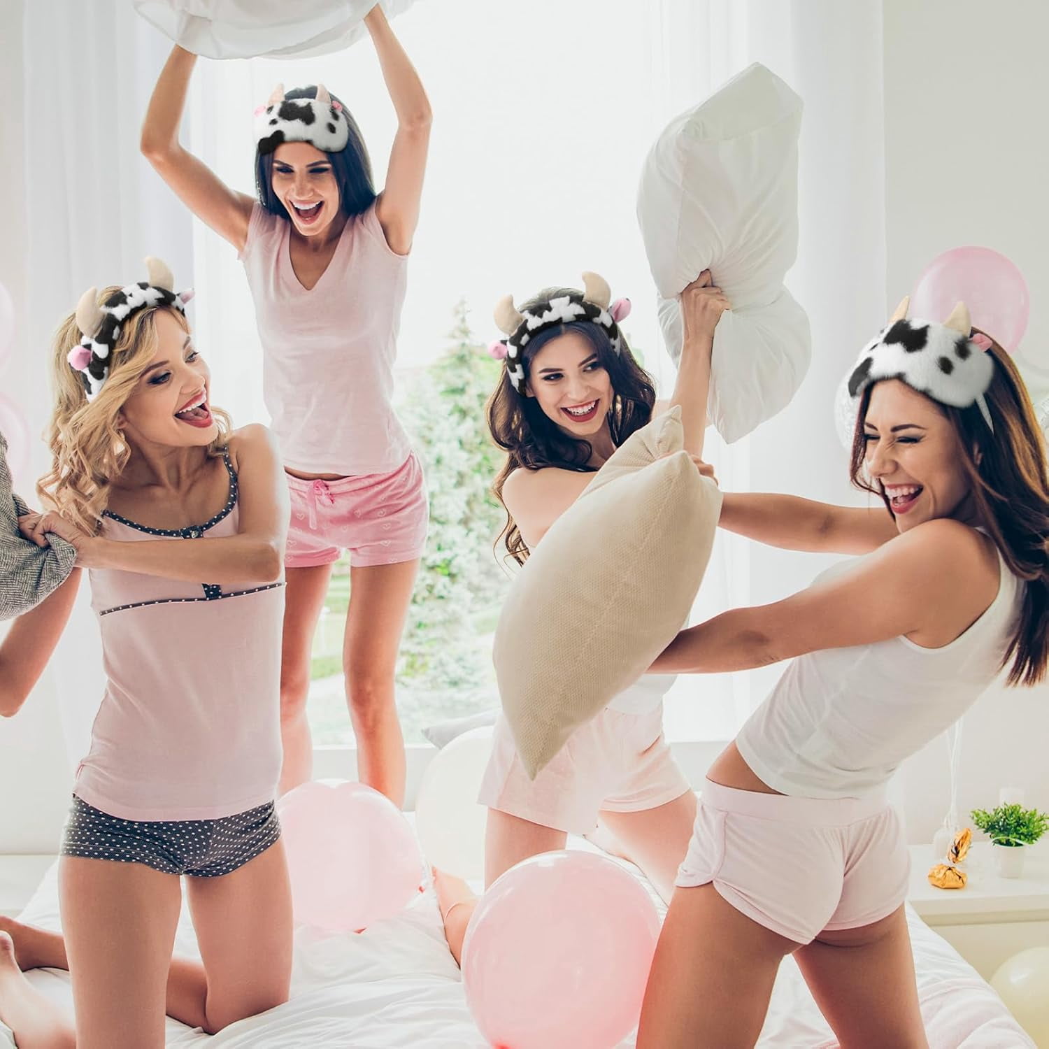 12 Pcs Cow Spa Sleepover Party Supplies for Women Soft Cow Ears Makeup Headband for Washing Face Cute Print Sleep Eye Mask for Sleepover Slumber Party Favors Gifts