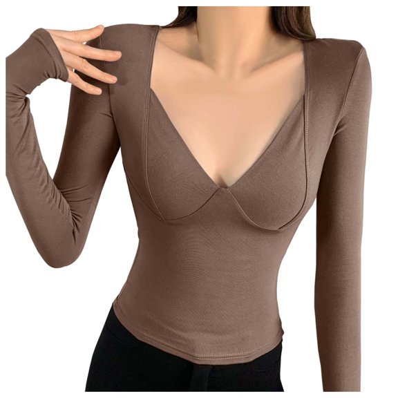 Women's Thermal Underwear V Neck Long Sleeve T-Shirt Slim Fit Stretch Basic Top Comfortable Pullover Blouse For Fall Winter