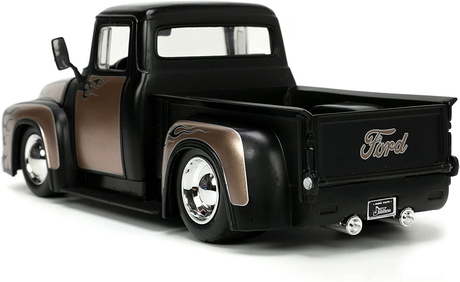 1956 Ford F-100 Pickup Truck Matt Black and Champagne with Flames with Extra Wheels "Just Trucks" Series 1/24 Diecast Model Car by Jada