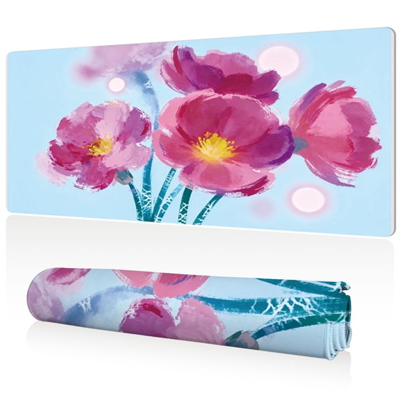LIVEKEY Mouse Pad 80x40cm Extra Large Non Slip Stitched Edges Full Coverage Durable Easy Clean Pink Peony Flower Art for Gaming Office