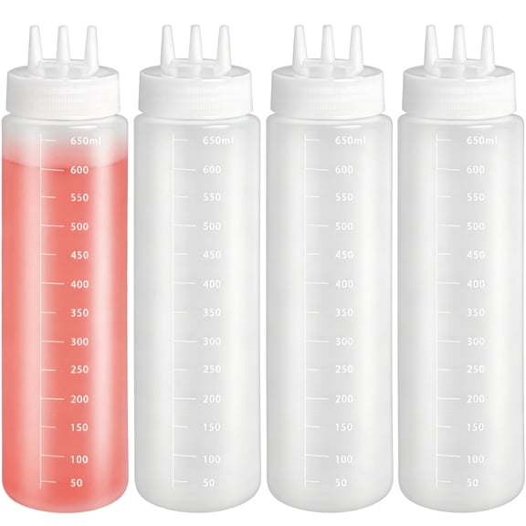 4 Bottles 3-Hole Sauce Dispenser, 24 oz Squeeze Bottle with Measurement Markings, Tri-Cone Nozzle Condiment Squirt Containers for Ketchup, Oil, Syrup