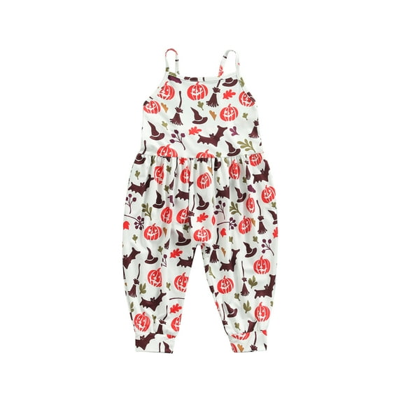 Toddler Baby Girl Halloween Clothes Sleeveless Romper Pumpkin Print Spaghetti Strap Jumpsuit Outfit